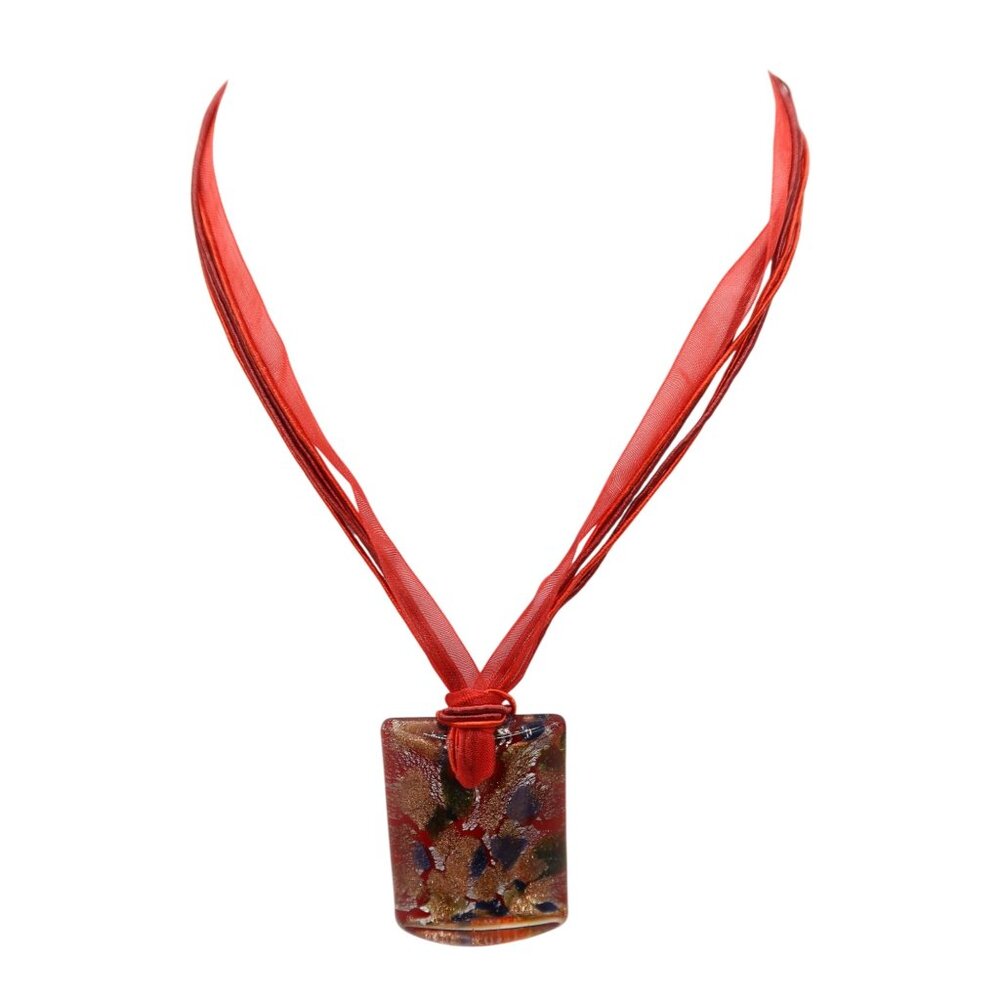 Dichroic Art Glass Rectangular Pendant Ribbon Necklace Red Gold Abstract